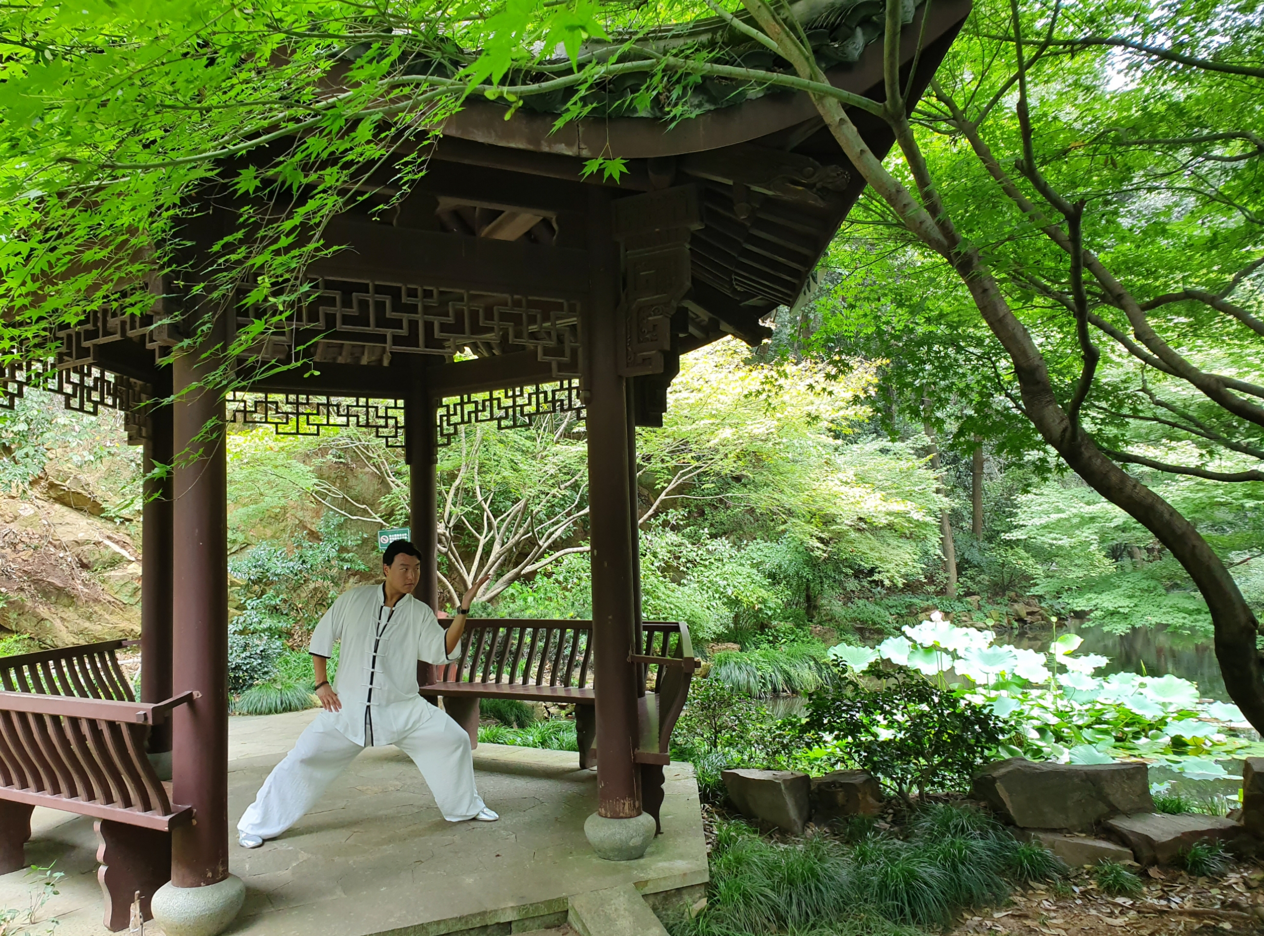 Fotografía del Maestro Xioda practicando Taichi en un parque