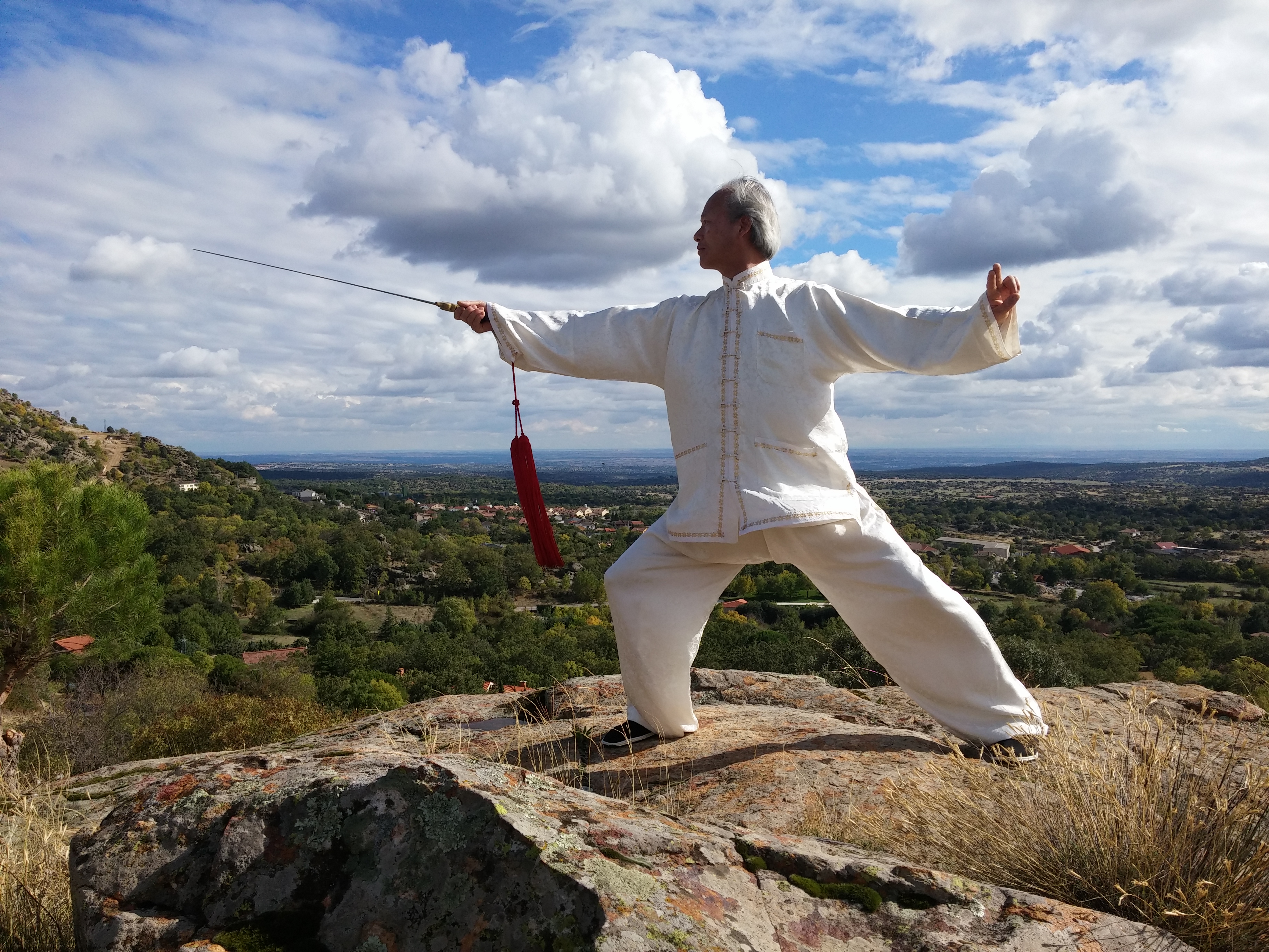 Fotografía del Maestro Haoqing Liu durante práctica de espada